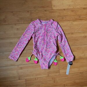 NWT Girls Size 5 Long-Sleeve Strawberry Print Rashguard Swimsuit One-Piece